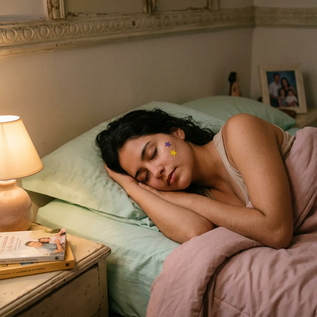 Mujer durmiendo con dos parches de estrella en la mejilla